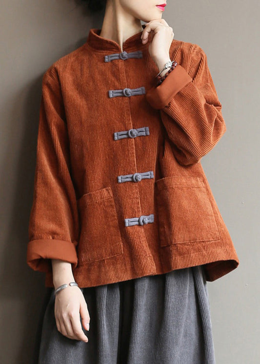 New Caramel Stand Collar Button Pockets Corduroy Coats Fall Qg042