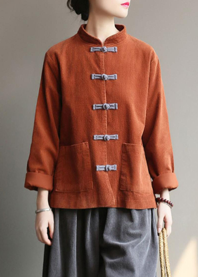New Caramel Stand Collar Button Pockets Corduroy Coats Fall Qg042