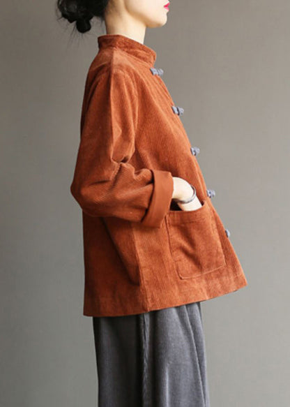 New Caramel Stand Collar Button Pockets Corduroy Coats Fall Qg042