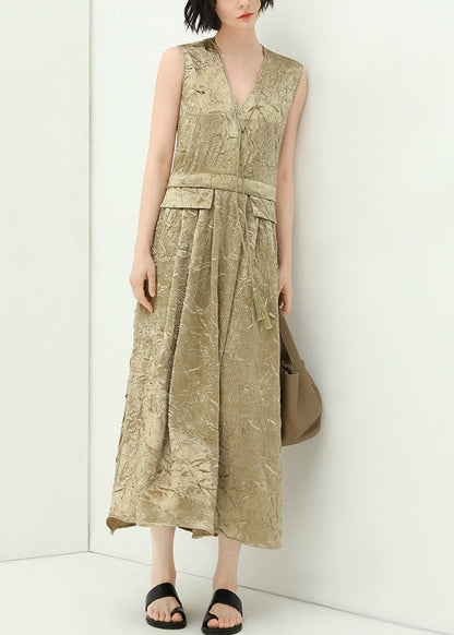 New Champagne V Neck Tasseled Silk Long Dresses Sleeveless Aa1042