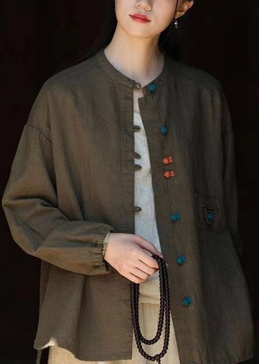 New Chinese Style Blackish Green Oriental Button Linen Coat Autumn Qk021