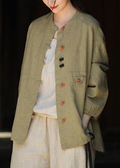 New Chinese Style Blackish Green Oriental Button Linen Coat Autumn Qk021