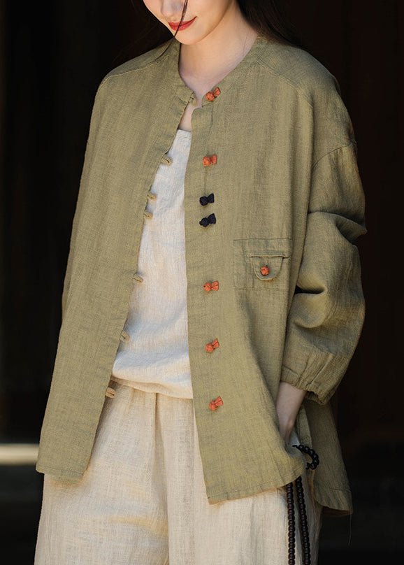 New Chinese Style Blackish Green Oriental Button Linen Coat Autumn Qk021