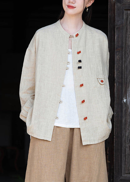 New Chinese Style Blackish Green Oriental Button Linen Coat Autumn Qk021