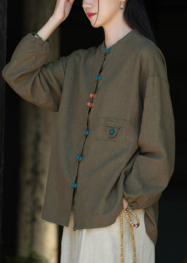 New Chinese Style Blackish Green Oriental Button Linen Coat Autumn Qk021