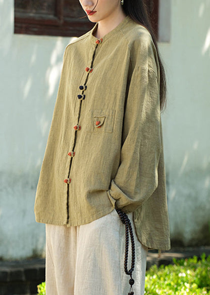 New Chinese Style Blackish Green Oriental Button Linen Coat Autumn Qk021