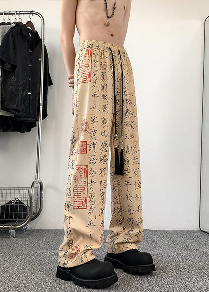 New Chinese Style Printed Ice Silk Wide Leg Pants Summer Yt046