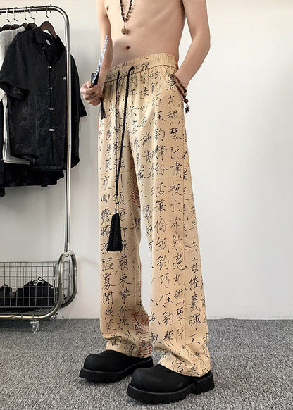 New Chinese Style Printed Ice Silk Wide Leg Pants Summer Yt046