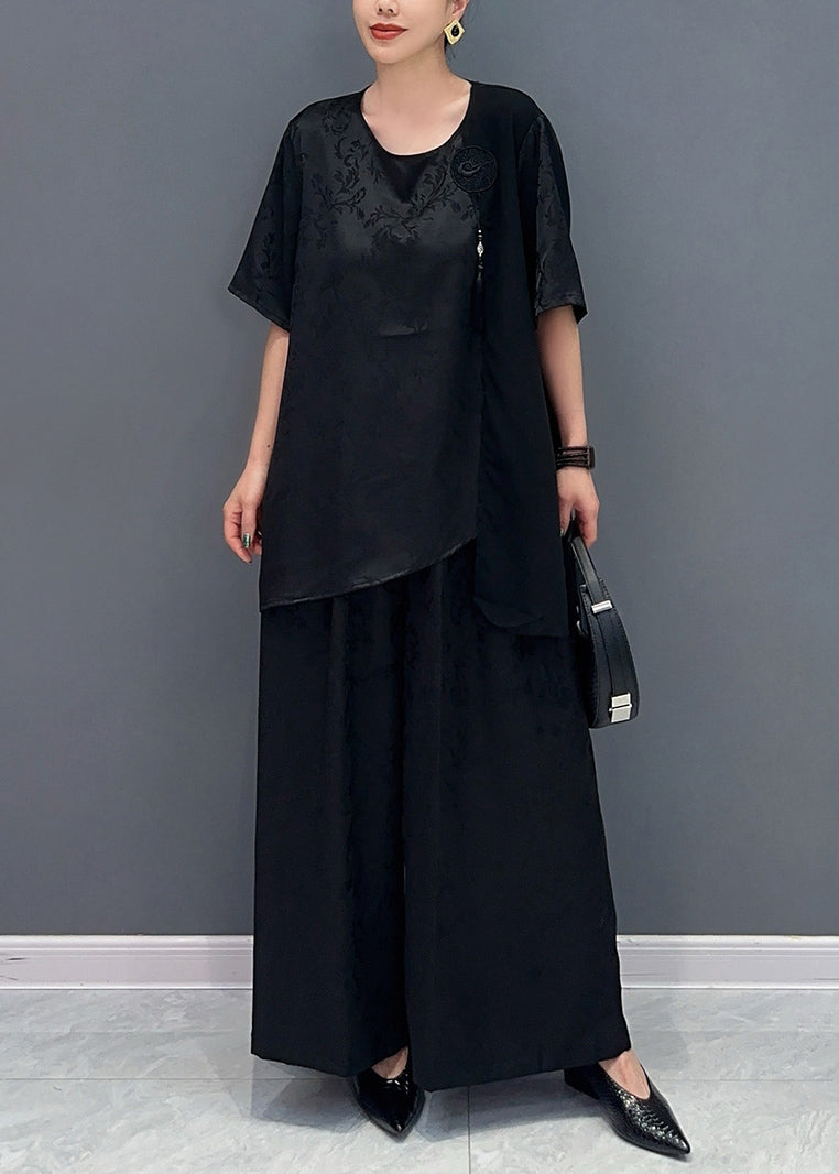 New Chinese Style Silk Jacquard Top and Wide Leg Pants Two Piece Set Ao1019