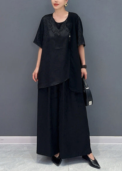 New Chinese Style Silk Jacquard Top and Wide Leg Pants Two Piece Set Ao1019