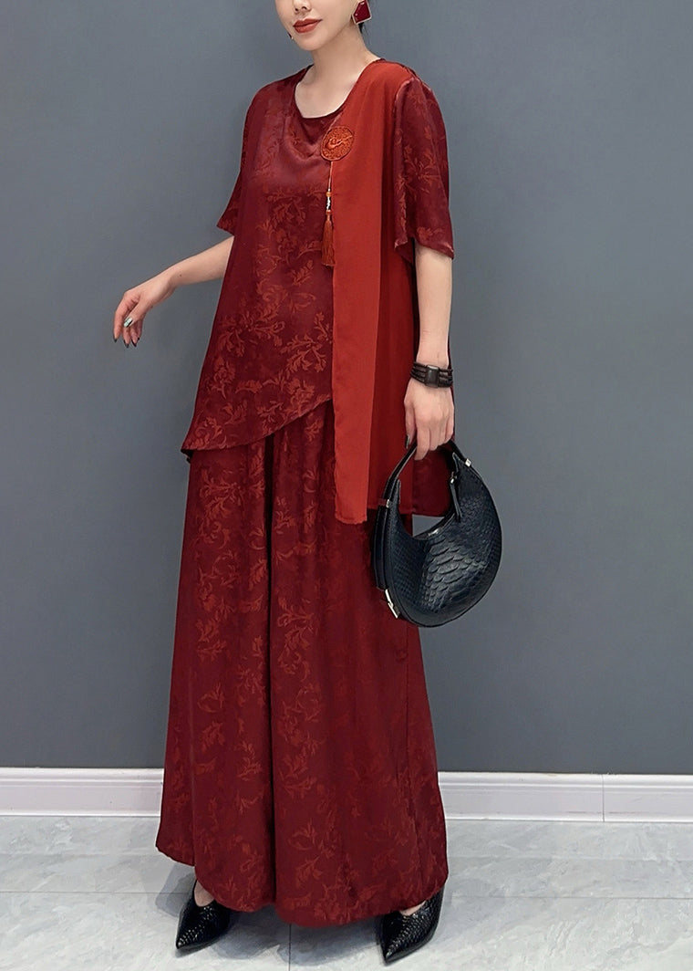 New Chinese Style Silk Jacquard Top and Wide Leg Pants Two Piece Set Ao1019