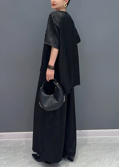 New Chinese Style Silk Jacquard Top and Wide Leg Pants Two Piece Set Ao1019