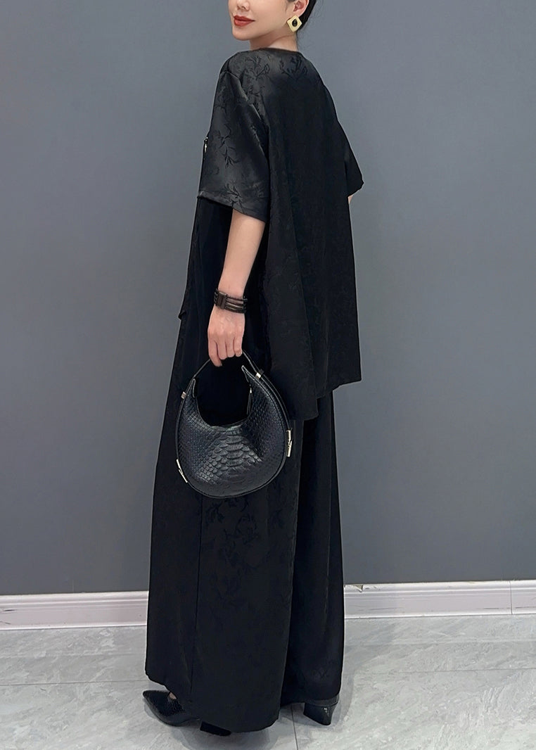 New Chinese Style Silk Jacquard Top and Wide Leg Pants Two Piece Set Ao1019