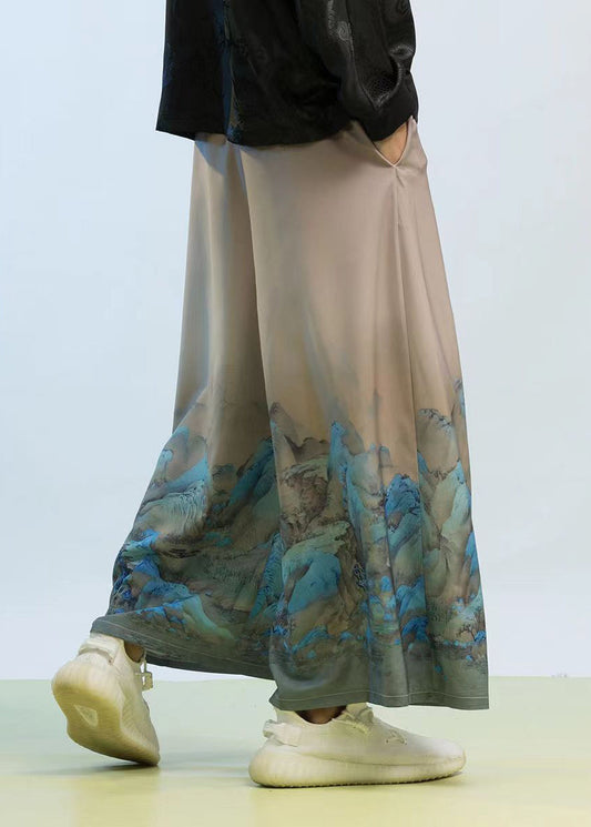 New Chinese Style Thousand Mile Jiangshan Printed Wide Leg Pants Sa008