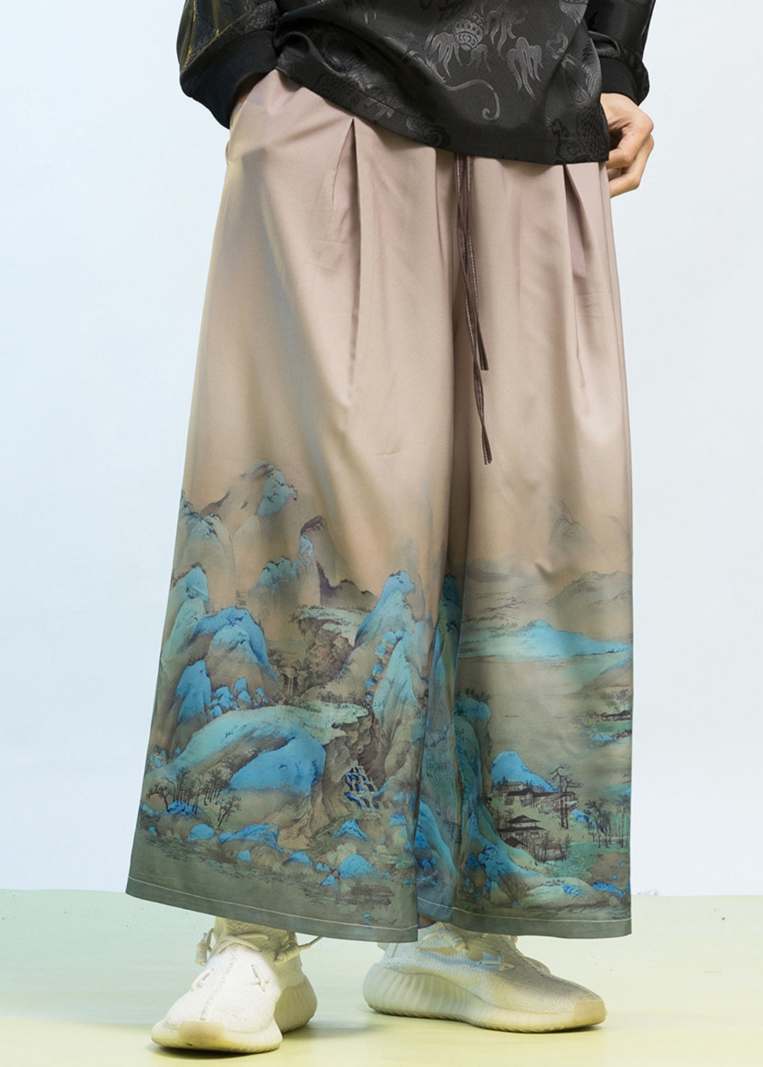 New Chinese Style Thousand Mile Jiangshan Printed Wide Leg Pants Sa008