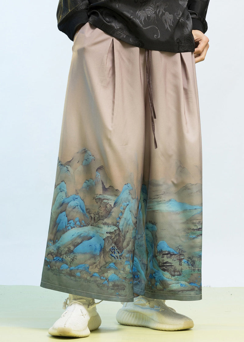 New Chinese Style Thousand Mile Jiangshan Printed Wide Leg Pants Sa008