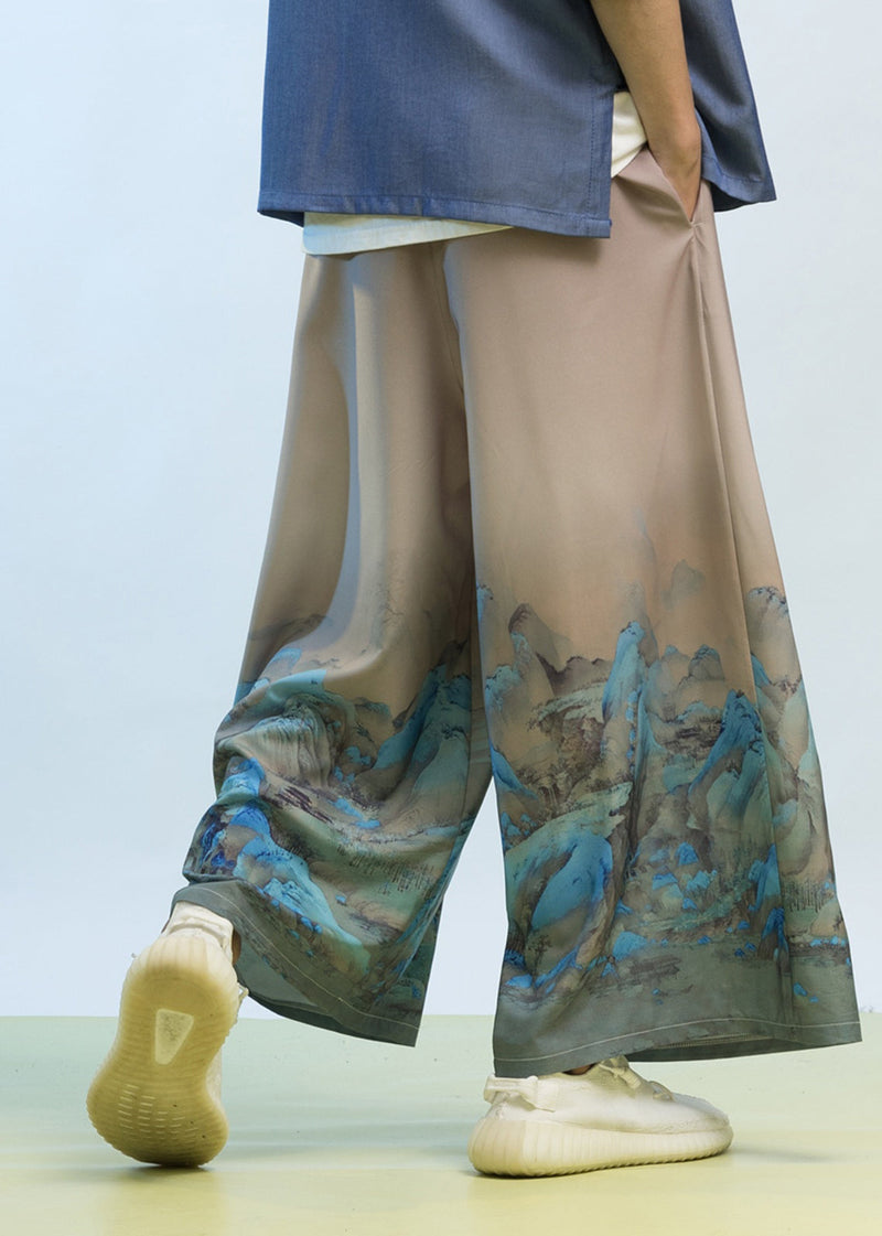 New Chinese Style Thousand Mile Jiangshan Printed Wide Leg Pants Sa008