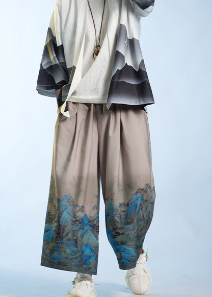 New Chinese Style Thousand Mile Jiangshan Printed Wide Leg Pants Sa008