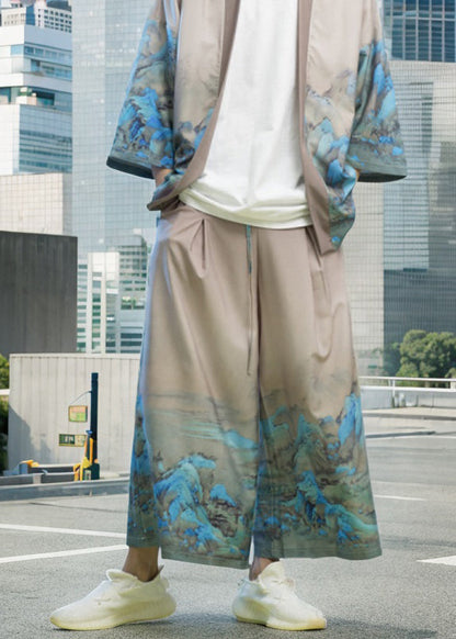 New Chinese Style Thousand Mile Jiangshan Printed Wide Leg Pants Sa008