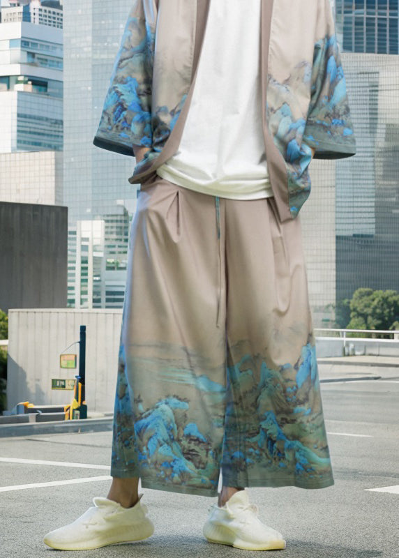 New Chinese Style Thousand Mile Jiangshan Printed Wide Leg Pants Sa008