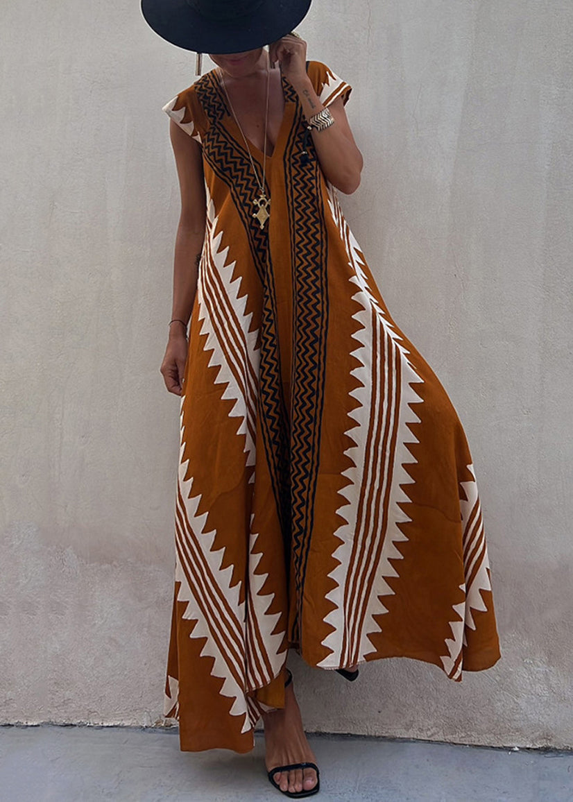New Coffee Asymmetrical Print Chiffon Long Dresses Summer Tl020