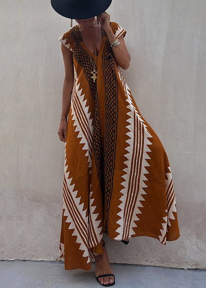 New Coffee Asymmetrical Print Chiffon Long Dresses Summer Tl020