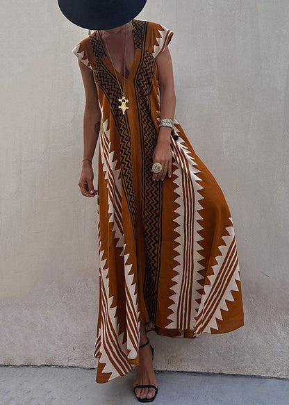 New Coffee Asymmetrical Print Chiffon Long Dresses Summer Tl020