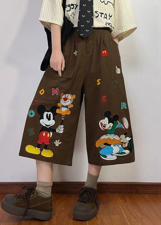 Print Summer New Coffee Pants Denim Crop Cartoon Pockets