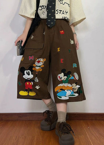 Print Summer New Coffee Pants Denim Crop Cartoon Pockets