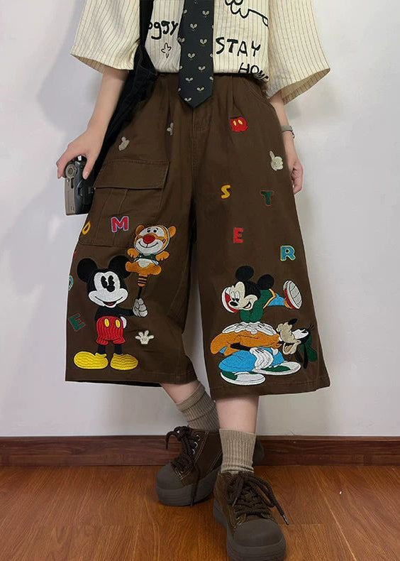Print Summer New Coffee Pants Denim Crop Cartoon Pockets