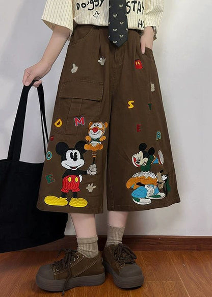 Print Summer New Coffee Pants Denim Crop Cartoon Pockets