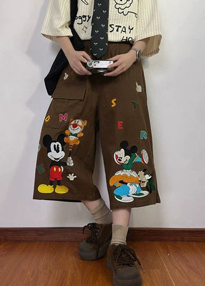 Print Summer New Coffee Pants Denim Crop Cartoon Pockets