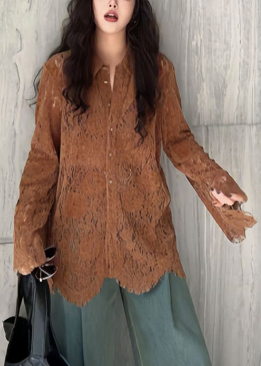 New Coffee Hollow Out Button Lace Blouses Flare Sleeve Pp020