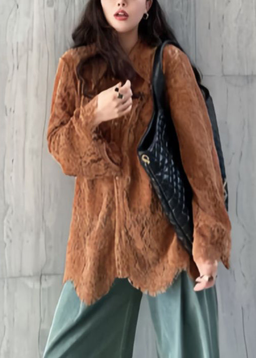 New Coffee Hollow Out Button Lace Blouses Flare Sleeve Pp020