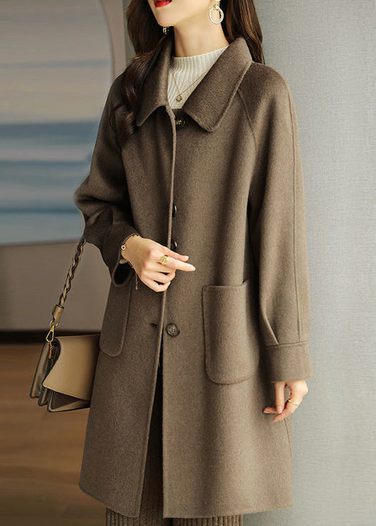 New Coffee Peter Pan Collar Fine Cotton Filled Pockets Woolen Coat Winter Rs027