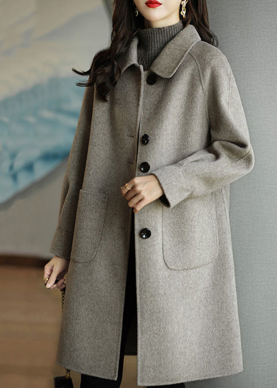 New Coffee Peter Pan Collar Fine Cotton Filled Pockets Woolen Coat Winter Rs027
