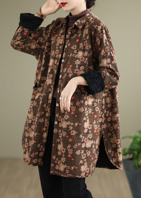 New Coffee Peter Pan Collar Pockets Print Warm Fleece Shirts Coat Spring Ti018
