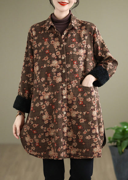 New Coffee Peter Pan Collar Pockets Print Warm Fleece Shirts Coat Spring Ti018