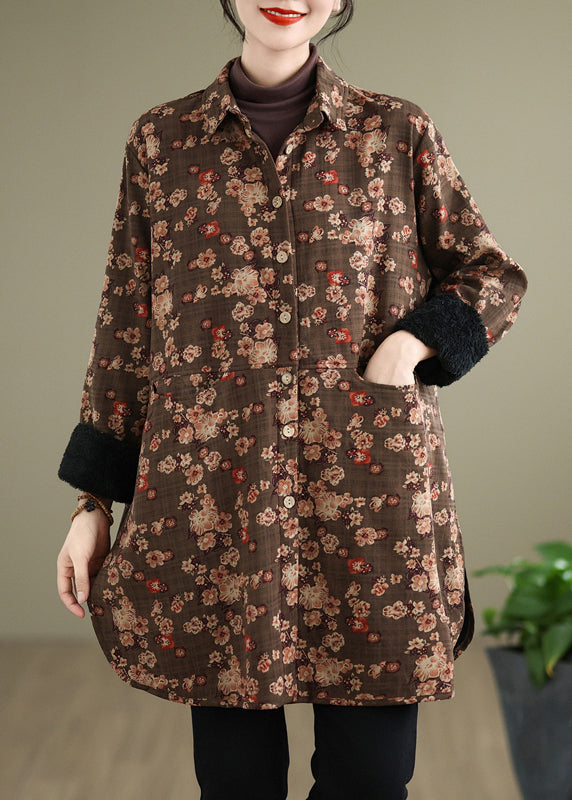 New Coffee Peter Pan Collar Pockets Print Warm Fleece Shirts Coat Spring Ti018