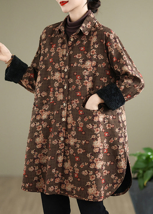 New Coffee Peter Pan Collar Pockets Print Warm Fleece Shirts Coat Spring Ti018