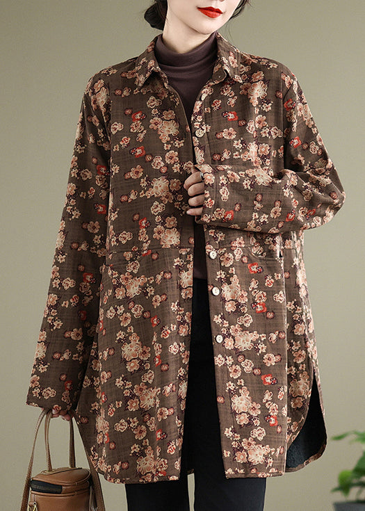 New Coffee Peter Pan Collar Pockets Print Warm Fleece Shirts Coat Spring Ti018