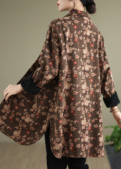 New Coffee Peter Pan Collar Pockets Print Warm Fleece Shirts Coat Spring Ti018