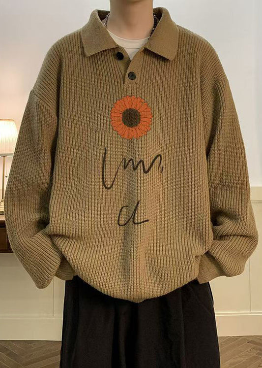 New Coffee Peter Pan Collar Print Knit Sweaters Fall Qh024