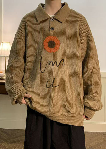 New Coffee Peter Pan Collar Print Knit Sweaters Fall Qh024