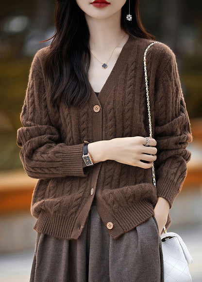 New Coffee V Neck Button Woolen Knit Cardigans Fall Ab1057