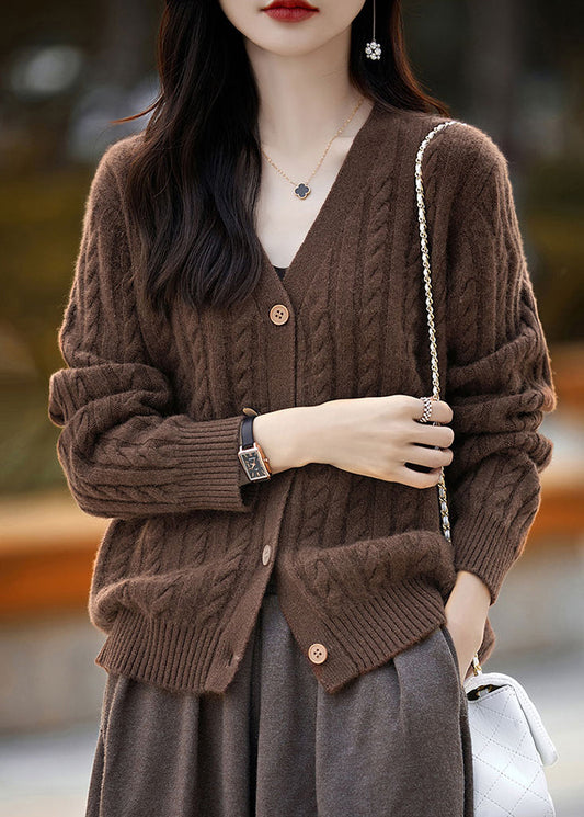 New Coffee V Neck Button Woolen Knit Cardigans Fall Ab1057