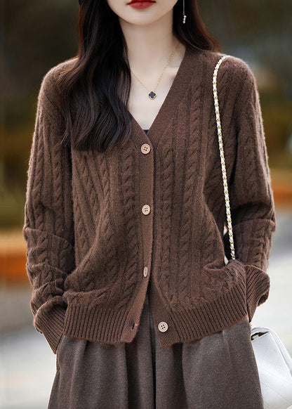New Coffee V Neck Button Woolen Knit Cardigans Fall Ab1057