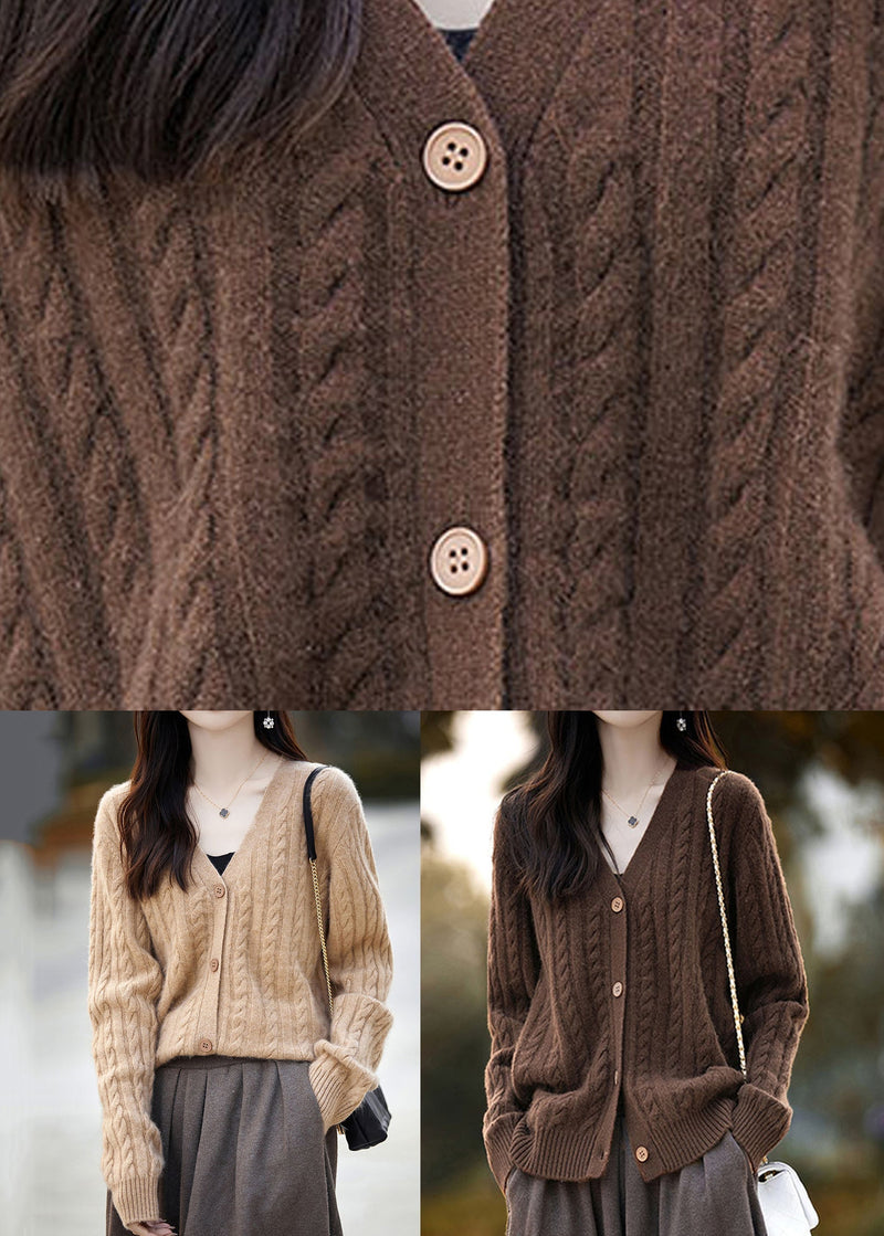Camel Button Cozy Woolen Knit Cardigans V Neck Long Sleeve Ab1056
