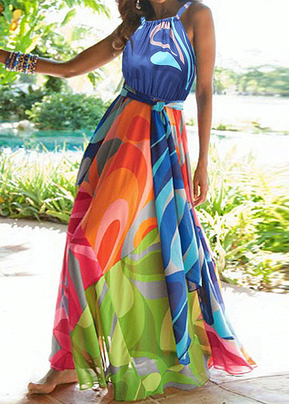 New Colorblock Print Lace Up Backless Cotton Long Dresses Sleeveless Ff102
