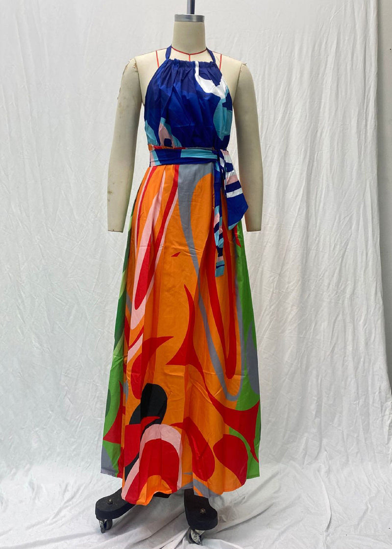 New Colorblock Print Lace Up Backless Cotton Long Dresses Sleeveless Ff102